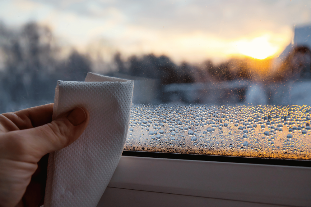 Persons hand wiping window condensation with a paper towel.