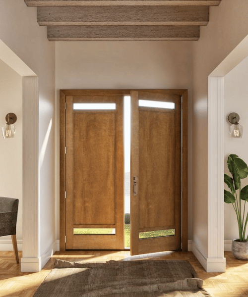 Rustic charm, wooden double front door.